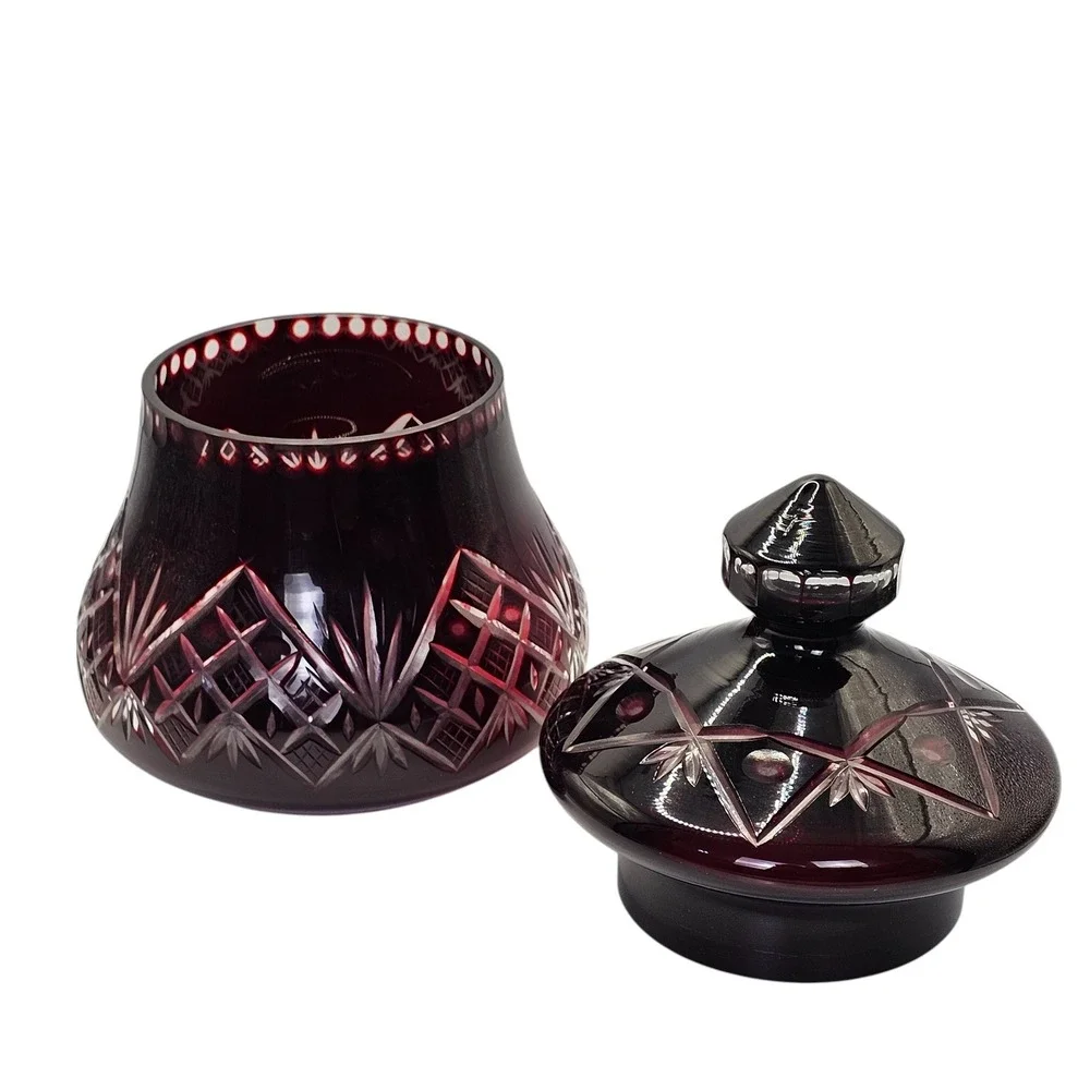 Vintage Bohemian Czech Ruby Red Cut to Clear Glass Canister Jar Crystal Lid 9.5